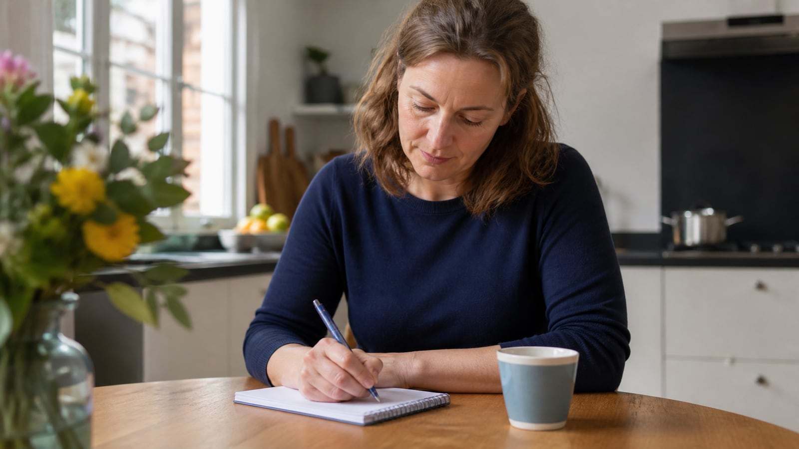 Persoon die gezondheidsklachten rustig noteert ter voorbereiding op een afspraak