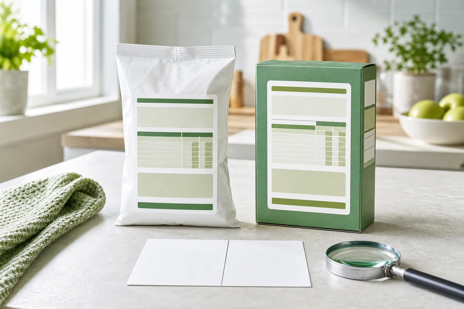 Twee onbedrukte verpakkingen met een vergrootglas en een blanco vergelijkingskaart