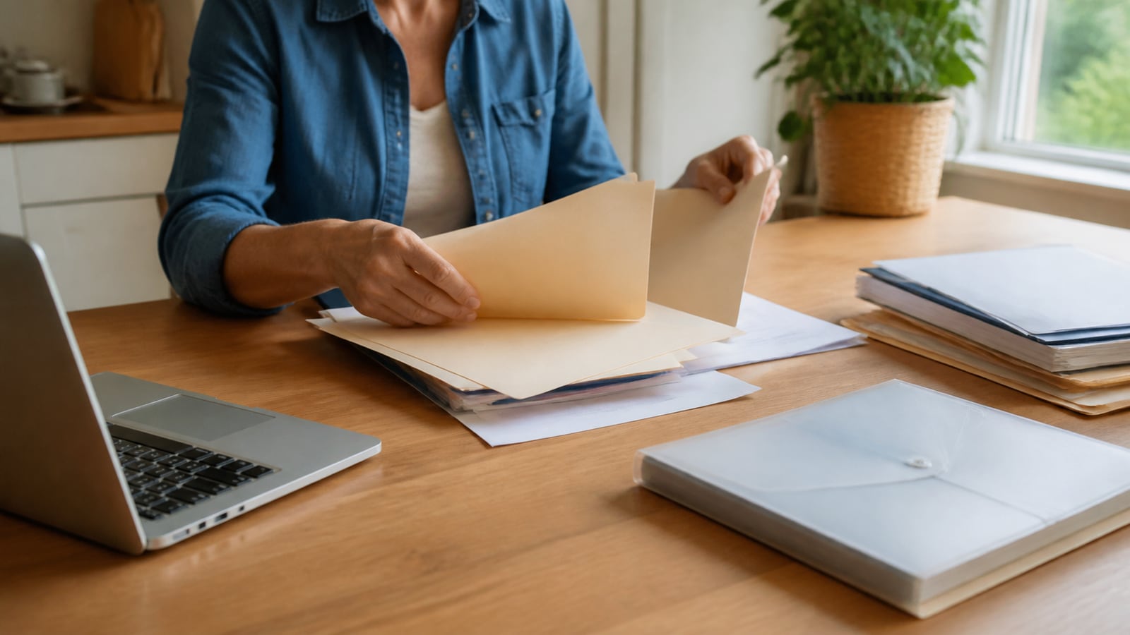 Persoon die zorginformatie ordent aan een tafel thuis
